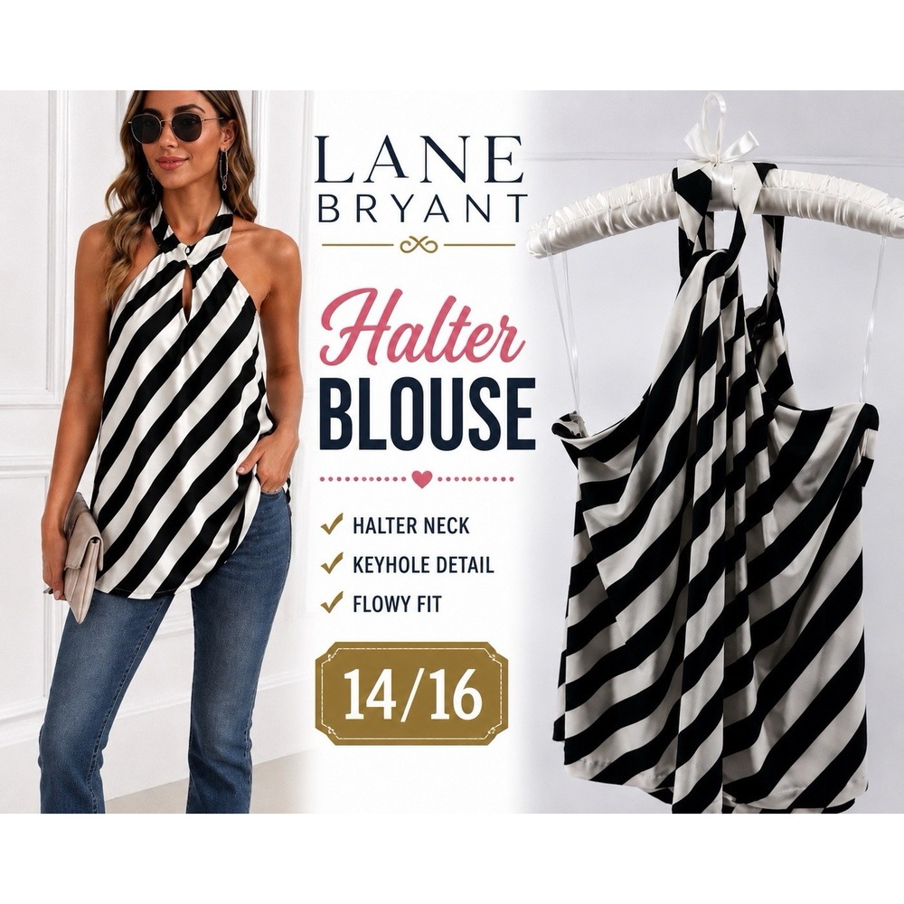 Lane Bryant 14/16 Black White Striped Halter Top Keyhole Sleeveless Blouse